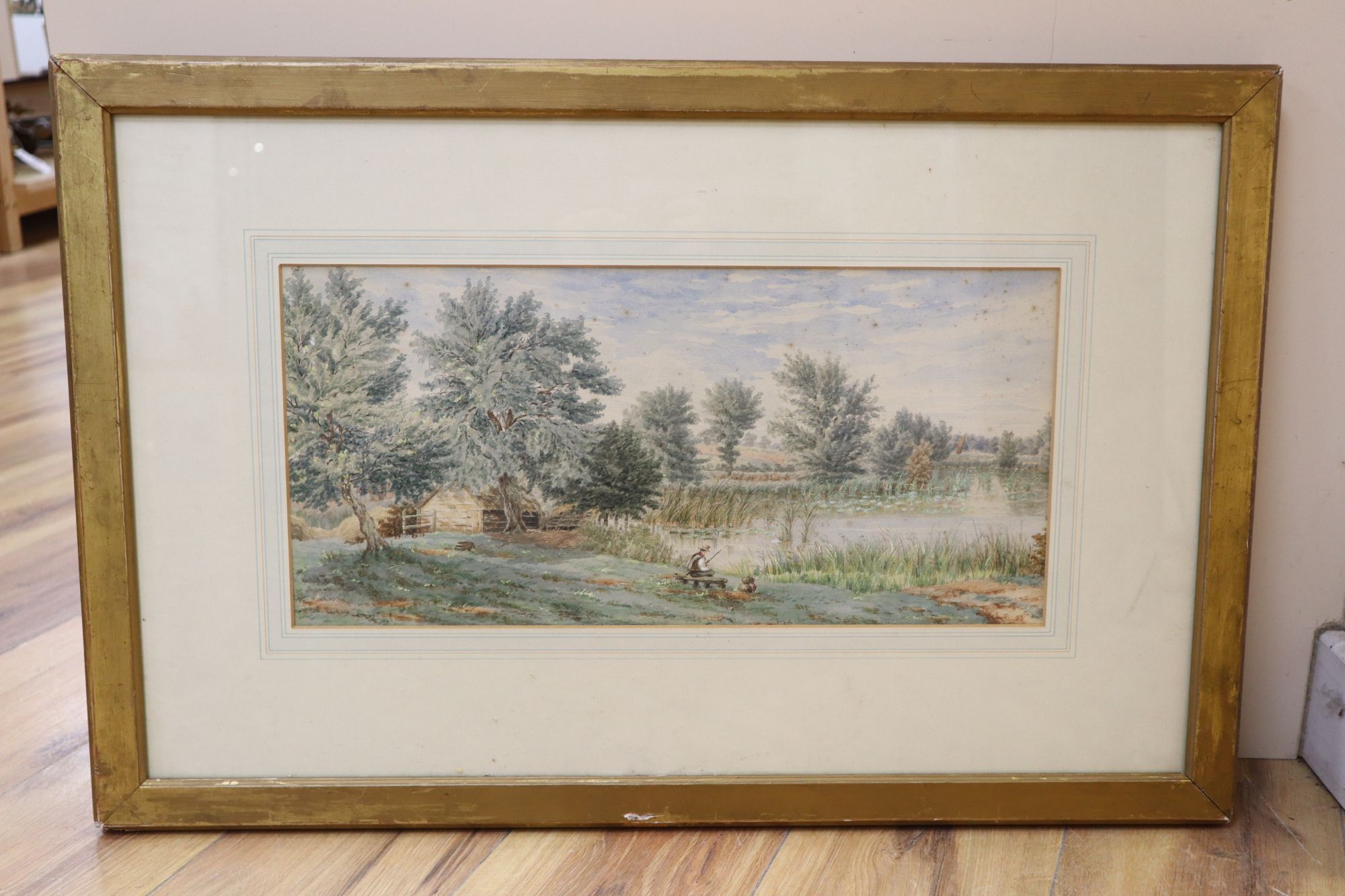 English School c.1900, watercolour, Angler in a landscape, initialled lower right, 22 x 45cm